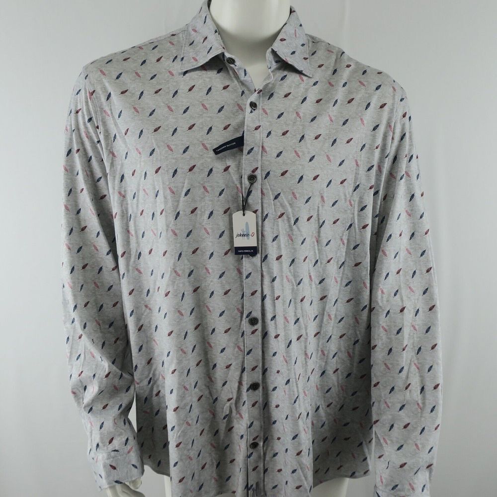 johnnie-O Featherweight Button Up Shirt Mens XL Gray Feather Print Cotton